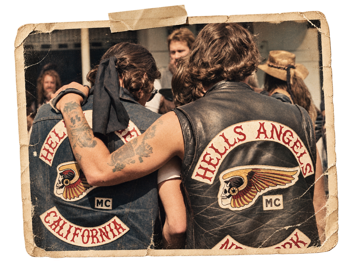 color archival-style print of club riders with their arms around each other