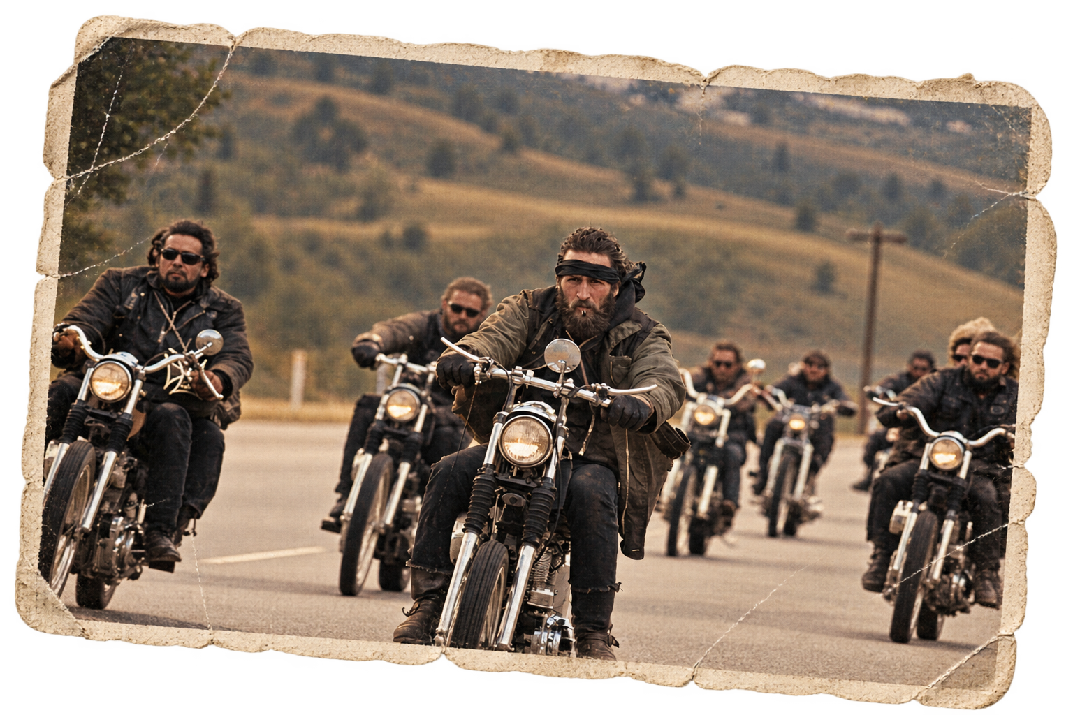 vintage photo composition of motorcycle riders travelling on the road